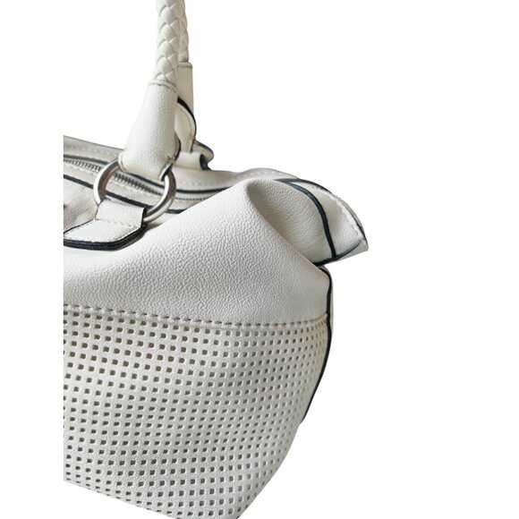Guess White Leather Perforated Satchel Handbag With Braided Handle 6 tall 10” L - Picture 5 of 16